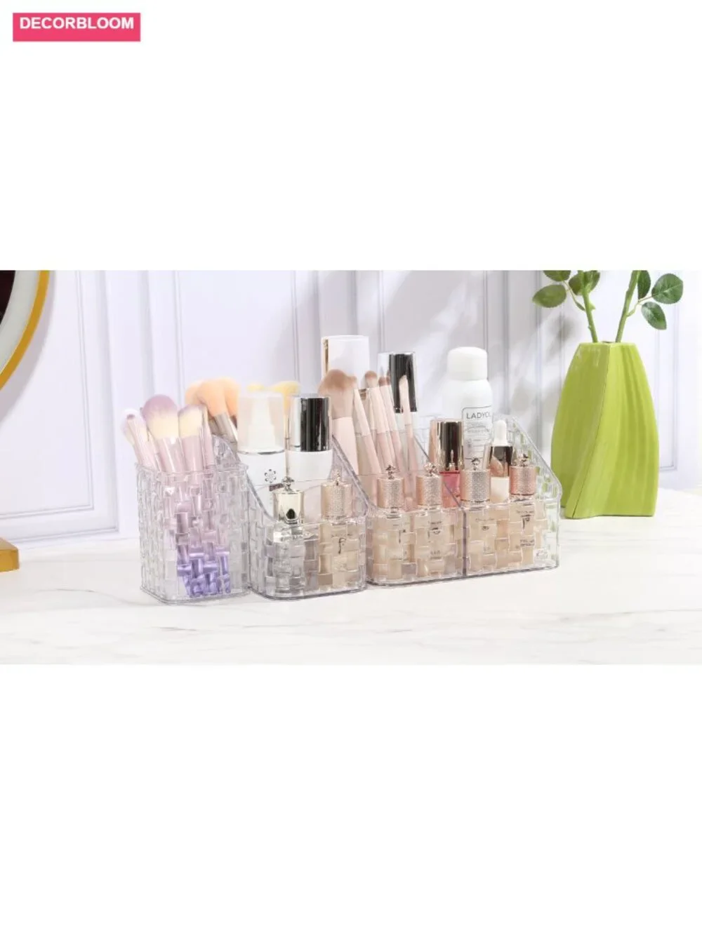 Acrylic Makeup Brush Holder Organizer, 3 Slots Storage Cup with Woven Texture